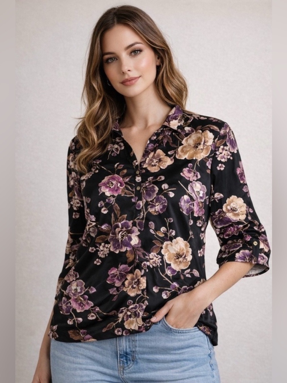 Perception Woman/NWT/ button-down blouse featuring a purple floral black/2x/NWT